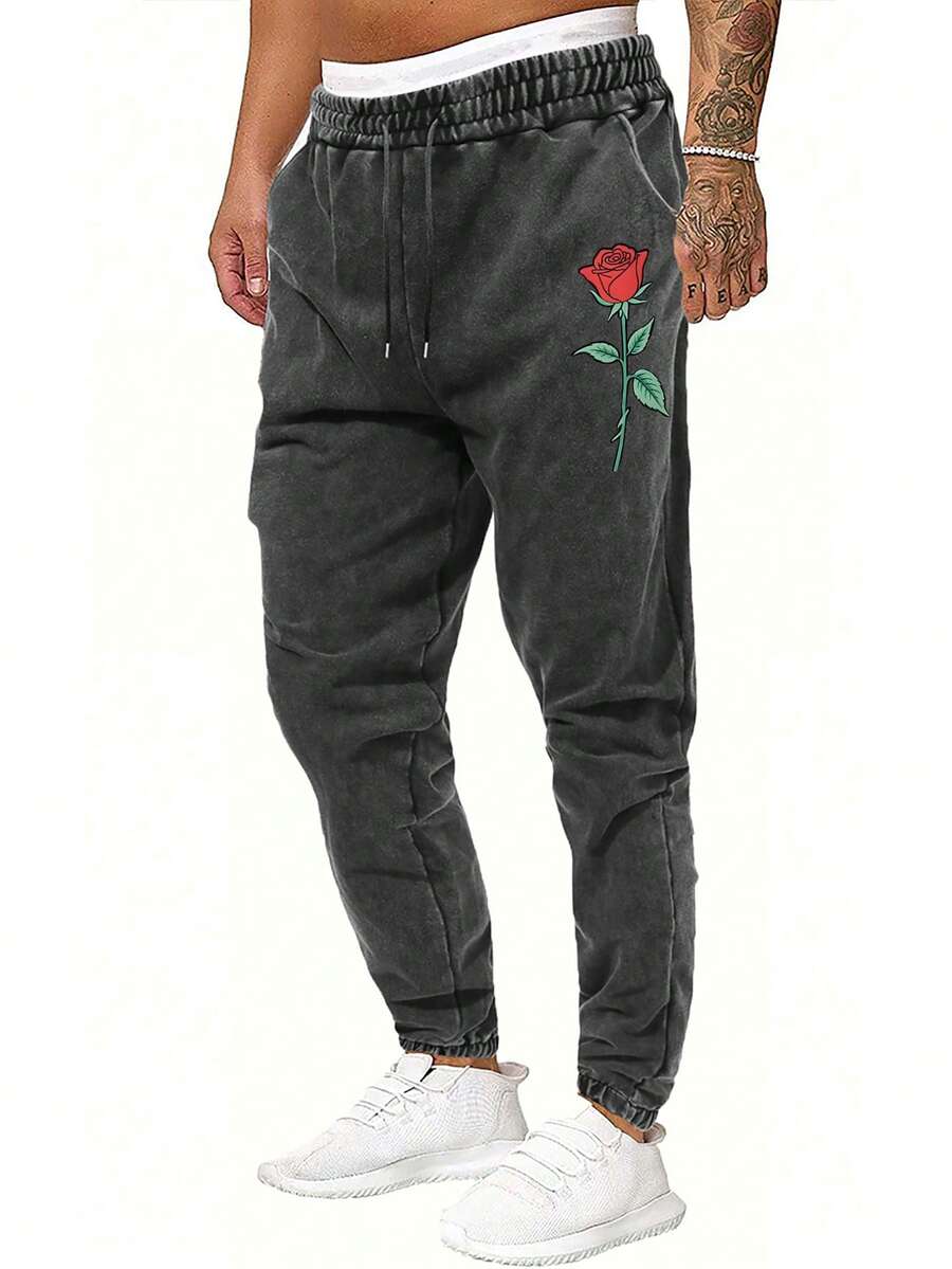 Men's Washed Rose Floral Print Casual Sports Pants - Black - View 1
