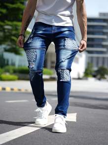 Men's Casual Water-Washed Distressed Five-Pointed Star Patchwork Skinny Jeans - Dark Wash - View 4
