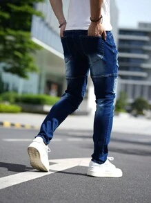 Men's Casual Water-Washed Distressed Five-Pointed Star Patchwork Skinny Jeans - Dark Wash - View 2