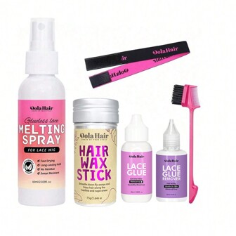 假髮膠噴霧套裝，包括：2 fl.oz / 60ml 無痕開膠粘合劑，2.7 oz / 75g 造型蠟，1.3 fl.oz / 38ml 透明膠，1 fl.oz / 30ml 假髮膠水解劑，雙面邊緣定型髮刷，無痕開膠橡皮帶