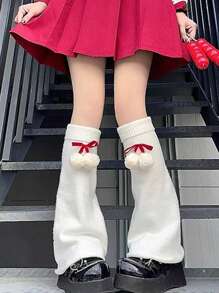 1 双女式秋冬针织洛丽塔喇叭腿套带绒球 - 紅色 - 查看 1