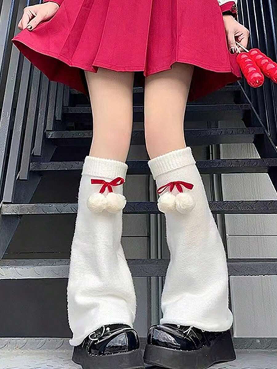 1 双女式秋冬针织洛丽塔喇叭腿套带绒球 - 紅色 - 查看 1