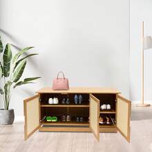 Shoe Storage Bench Bamboo Entryway Shoe Bench With Plastic Rattan Doors Shoe Entryway Bench 3 Doors Narrow Shoe Rack Shoe Cabinet For Hallway, Bedroom, Hallway, 39.4" W X 12.6" D X 18.5" H - Yellow - View 5