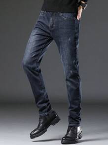 男式斜口袋弹力修身牛仔裤 - 深色水洗藍 - 查看 7