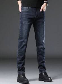 男式斜口袋弹力修身牛仔裤 - 深色水洗藍 - 查看 3