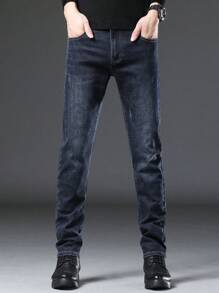 男式斜口袋弹力修身牛仔裤 - 深色水洗藍 - 查看 2