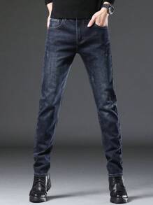 男式斜口袋弹力修身牛仔裤 - 深色水洗藍 - 查看 6