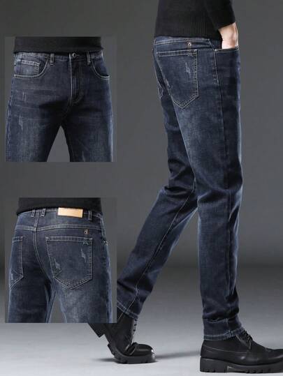 Calça Denim Masculina Slim Fit com Bolso Diagonal e Elástico