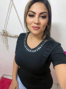 Viscolaycra Blouse With Stones On The Front And Front Detail - màu đen - Xem 1