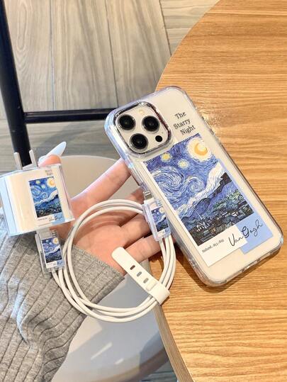 梵高绘画金属透明太空壳适用于 + 充电器保护套和支架电缆保护套