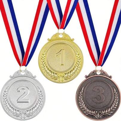 3 件金属效果一等奖、二等奖、三等奖奖牌，带颈绳 - 适用于体育比赛、课堂游戏和办公室活动