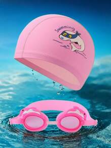 2 Stücke niedliche Cartoon Badekappen und Schwimmbrillen Kombination, hochauflösende verstellbare Silikon Kinder Schwimmbrillen, PU-Material Kinder Badekappen, geeignet für Mädchen Schwimmausrüstung, ideale Wahl für Sommergeschenke für Kinder
