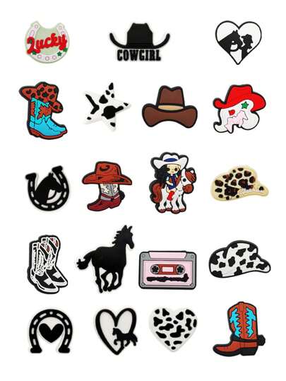 19Pcs/Set Cow Girl Series Shoe Charms For Shoe DIY Decoration Premium Quality Popular Charms Accessories Bubble Slides Sandals, PVC Shoe Decorations Beach Bag Accessories Great Gift For Teens Men Women And Adults