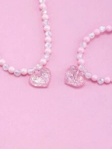2pcs Kids Pink Heart Shaped Beaded Bracelet And Necklace Set - Pink - View 3