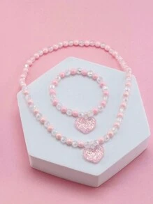 2pcs Kids Pink Heart Shaped Beaded Bracelet And Necklace Set - Pink - View 1