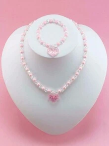 2pcs Kids Pink Heart Shaped Beaded Bracelet And Necklace Set - Pink - View 2