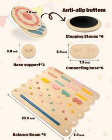 Toddler Balance Beam For Kids 3-5 Montessori, Wooden Kids Balance Beam Stepping Stones, Balance Beam Toddler Obstacle Course For Kids 1-3 - 彩色 - 查看 6