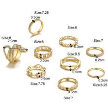Bộ 9 chiếc/8 chiếc/7 chiếc/6 chiếc/22 chiếc nhẫn kim loại sáng tạo hình cú/ngọc trai trái tim/bướm/đầu lâu hình rắn hình học bất đối xứng - Vàng - Xem 4