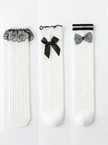 3 Pairs Girls Knee High Socks, Solid White, Striped, Double Stripes, Big Lace Trim, Small Lace Trim, Ruffled, Bowknot, Straight Leg Styles, Cute Princess College Style Socks For Spring, Autumn, Suitable For Daily Lace Socks, Party Princess Socks, Holidays, Back To School Season, Delicate And Adorable Versatile, Can Be Paired With Leather Shoes, Sneakers, Loafers, Back To School, Students, New Semester, College