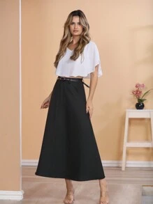 We Store Long Monochromatic Tailored Skirt With Black Belt/Button Details/Stripped/Trend/Look/Everyday/Summer/Elegant/Casual/Stylish/2024 Collection - 黑色 - 查看 5