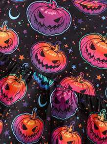 Jong meisje pompoen print kapmouw casual jurk, Halloween