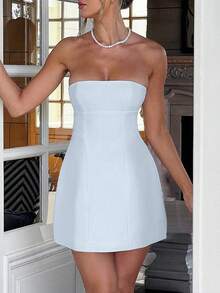 女士纯色腰部收紧抹胸连衣裙，夏季