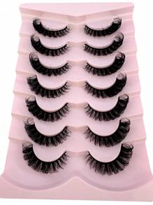 7对/包 DD卷度俄罗斯假睫毛，浓密卷翘蓬松，3D人造貂毛假睫毛，打造猫眼妆效，纤长8D浓密假睫毛条，提拉眼部，延长并浓密眼尾，打造精致猫眼妆。 - 黑色 - 查看 4