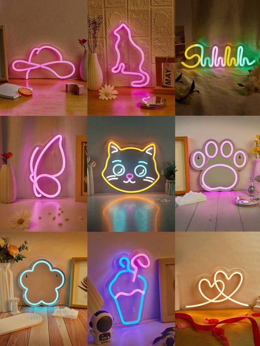CHI-BUY 1 pieza Nuevo letrero de neón LED de iluminación decorativa, incluye sombrero rosa, gato rosa "Shhhh", mariposa rosa, cabeza de gato, pata rosa en espejo, flor azul en espejo, taza de bebida, señal de neón LED blanca cálida con corazón doble, para decoración de pared de boda interior, alimentado por USB de 5V, adecuado para dormitorio, sala de estar