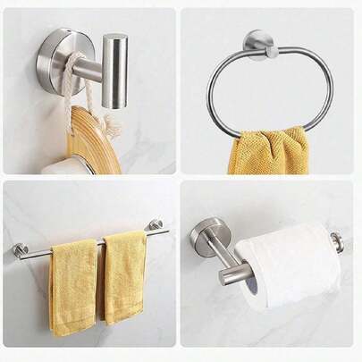 不锈钢浴室配件套装，包括毛巾杆、卷纸架、墙钩、浴袍钩、衣帽钩，适用于浴室五金套装、浴室用品、浴室组合