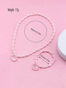 2pcs Kids Pink Heart Shaped Beaded Bracelet And Necklace Set - Pink - View 4