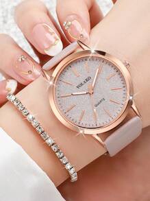 6pcs Set Women Fashion Casual Suede Grain Marked Dial Classic Quartz Wrist Watch & Jewelry, (Excluding Watch Box) - Grey - View 3