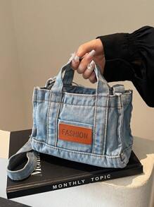 KVKY 1قطعة حقيبة كتف جينز صغيرة أنيقة، زخرفة رقعة حرفية، حقيبة كتف قابلة للتحويل، حقيبة كروس نسائية خفيفة الوزن متعددة الاستخدامات