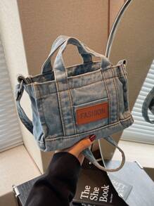 KVKY 1قطعة حقيبة كتف جينز صغيرة أنيقة، زخرفة رقعة حرفية، حقيبة كتف قابلة للتحويل، حقيبة كروس نسائية خفيفة الوزن متعددة الاستخدامات