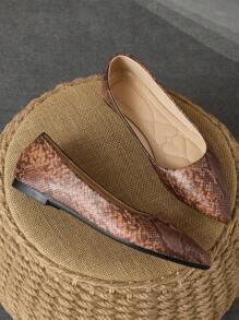 Zapatos planos con punta puntiaguda y slip-on para mujer, con estampado de piel de serpiente de color marrón óxido, casual para uso diario y al aire libre en primavera, verano y otoño