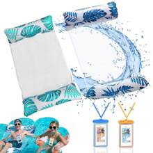 2pcs Inflatable Palm Leaf Print Floating Water Hammock & 2pcs Waterproof Phone Pouch, 4-In-1 Floating Air Mattress For Summer Pool Parties - Multicolor - View 1
