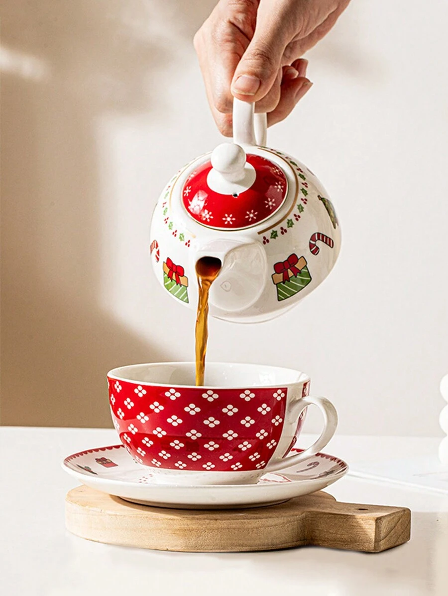 1 Set Christmas Theme Ceramic Teapot Set With Tea Cup & Saucer, Holiday Gift Party Tableware - Multicolor - View 1