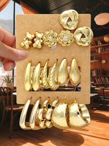 Betykuku Bộ 9 đôi bông tai màu vàng phong cách Âu Mỹ thời trang, quà tặng cho phụ nữ và bé gái, trang phục hàng ngày/dự tiệc - Vàng - Xem 16