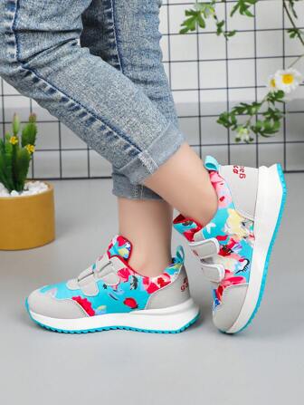 Kids Simple Floral Casual Fashion Sports Shoes With Hook & Loop Closure, Suitable For Outdoor Wear In Spring & Fall