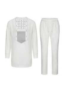 New Men's Two-Piece Men's Polerone African Suit Embroidered White Shirt Trousers Wedding Suit - White - View 3