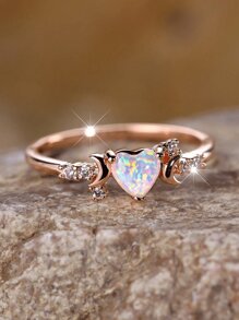 1 件时尚新款锆石心形蛋白石戒指，男女订婚礼物，适合朋友/家人/恋人 - 玫瑰金 - 查看 3