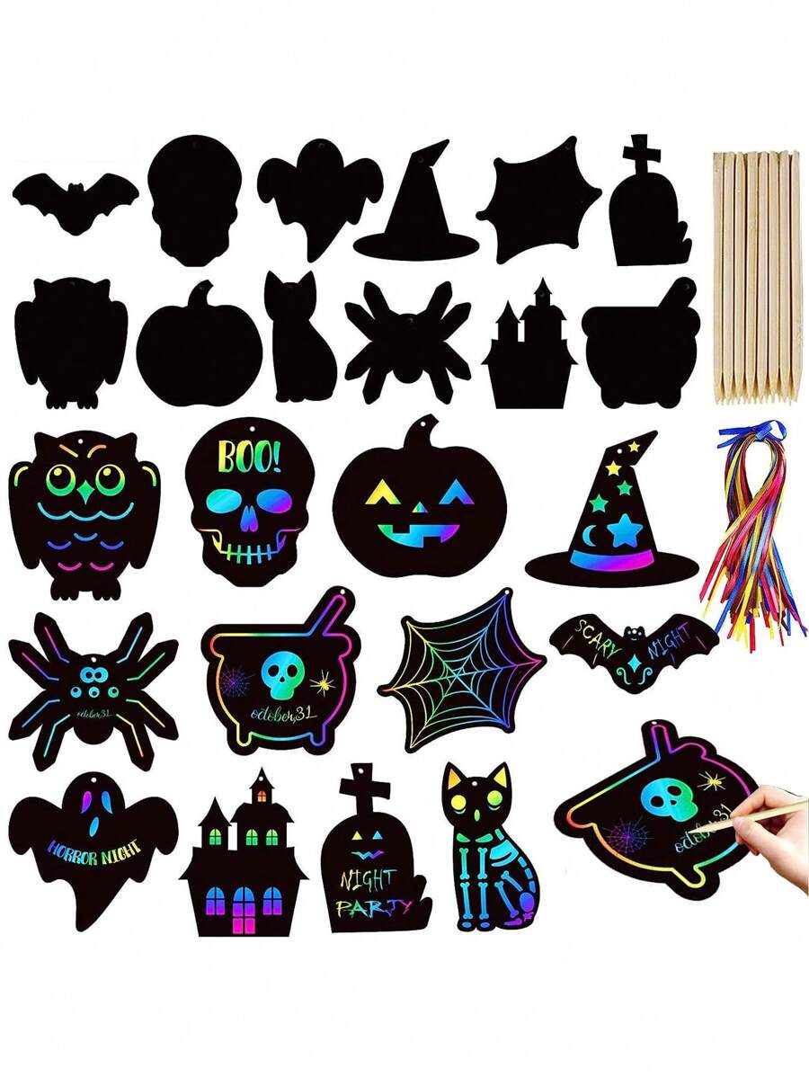 12pcs Halloween Scratch Paper Craft Halloween Magic Rainbow Scratch