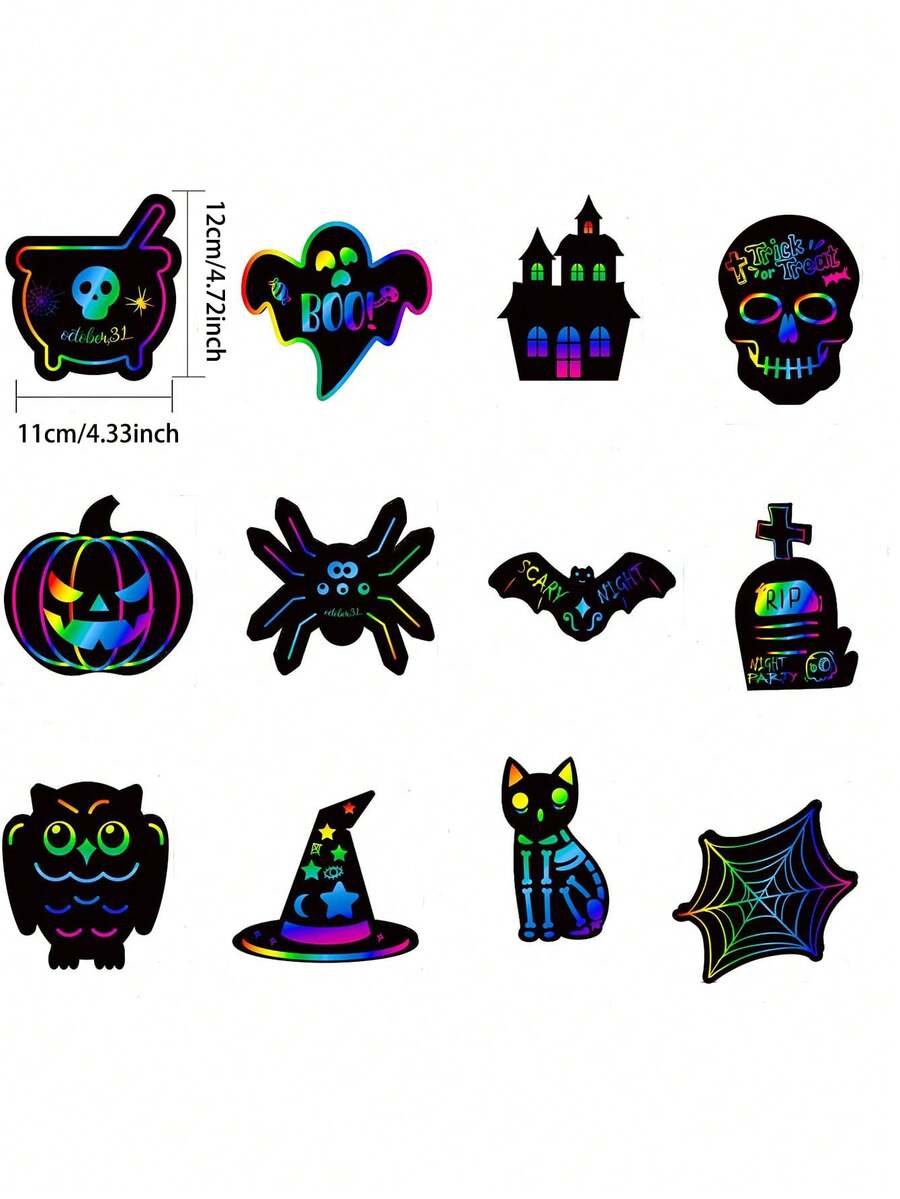 12pcs Halloween Scratch Paper Craft Halloween Magic Rainbow Scratch