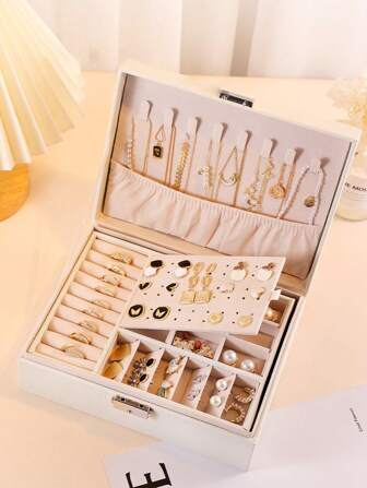 1 Piece Jewelry Storage Box Multi-Functional Large Capacity Double Layer Lock Multi-Color PU Leather Jewelry Box Ring Necklace Pendant Earrings Display Jewelry Box Waterproof, Dustproof And Anti-Oxidation Gift For Women Home Handmade