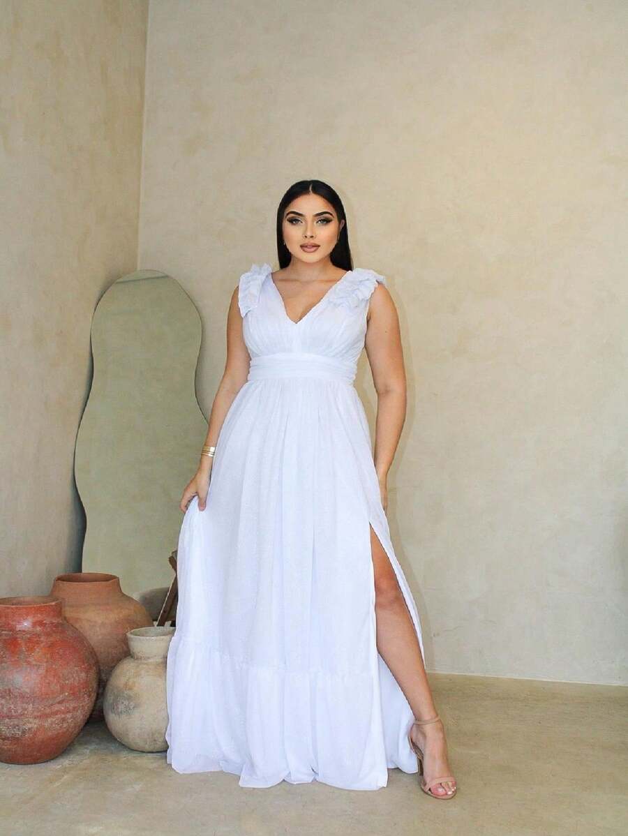 Mcoffee White Shiny Tulle Wide Strap Party Dress