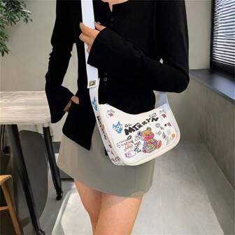 Cartoon Graffiti Fashionable Shoulder Bag, Bear Print Cross-Body Bag For Women