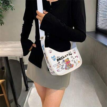 Cartoon Graffiti Fashionable Shoulder Bag, Bear Print Cross-Body Bag For Women