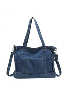 街头时尚新款牛仔布手提包，简约纯色单肩包，复古休闲可调节肩带斜挎包，适合工作、通勤、购物和大学生使用。 - 藍色 - 查看 8