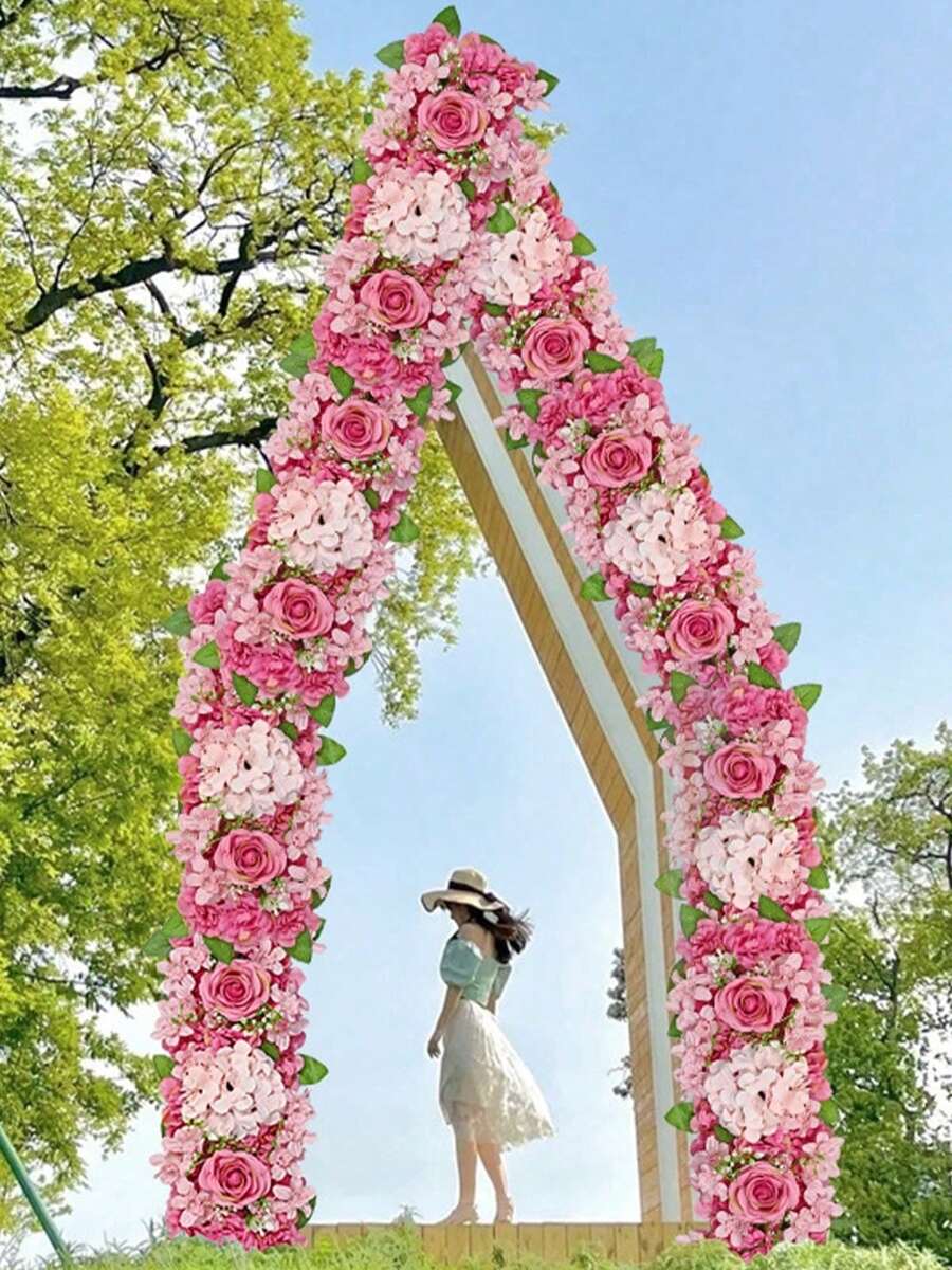 19.68in Artificial Flower Arrangement, Wedding Hotel Banquet Long Table Flowers, Wedding Arch Flower Arrangement, Wedding Party Decoration Floral Arrangement Wall Backdrop Realistic Wall Floral Decor - 深粉紅色 - 查看 1