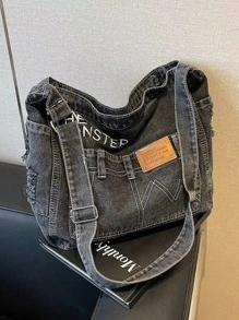 New Minimalist Denim Crescent Shoulder Hobo Bag With Welt Pockets, Letter Pattern Decoration Design, Lightweight Shoulder Bag With Adjustable Shoulder Strap, Casual Solid Color Messenger Bag, Tready Crescent Bag For Women, Old Washed Fabric, Street Denim Style, College Style Backpack