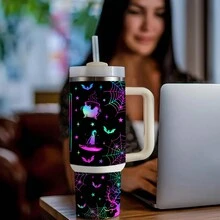 1 bình nước bằng thép không gỉ 40oz có tay cầm, cốc cách nhiệt chân không có ống hút, họa tiết Halloween, thích hợp cho tiệc Halloween du lịch ngoài trời - phong cách 3 - Xem 3